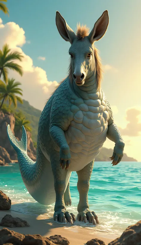 Create a highly detailed and realistic image of a unique hybrid animal called the **Donkfish**, combining a giant donkey and a fish. The upper half of the creature is a muscular, giant donkey with long ears, a coarse mane, and expressive eyes. Its neck has...