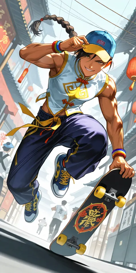 1boy\((Yun\(Street Fighter 4\)), (young), jumping high on skateboard, hand at cap brim, eyes hidden by on deep pulled down cap,(blue cap with (yellow brim:1.2)), long braid hair,black loose (Wudang Tai Chi pants),white sleeveless (Wudang Tai Chi Shirt), ...