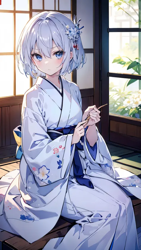top quality、、(Whitening skin)、 Silver Hair、 very short hair 、 light blue eyes、Petite、 Slender、( kimono、Hakama, kimono、Floral,)、Small breasts、Japanese-style room,赤い頬