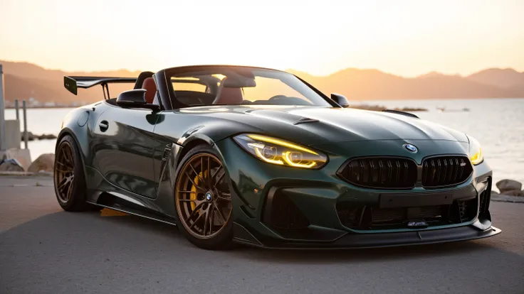 dark green bmw z4 m40i, lowered suspension, bronze wheels, yellow headlights, parked in front of the bay, sunset 
