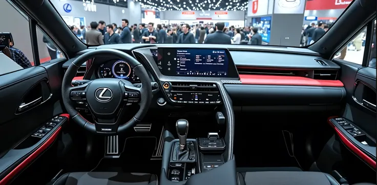 "A high-tech Lexus car interior with a luxurious black and red theme, featuring a sleek leather-wrapped steering wheel with the Lexus logo. The dashboard is equipped with a large digital instrument cluster and a widescreen infotainment system displaying na...