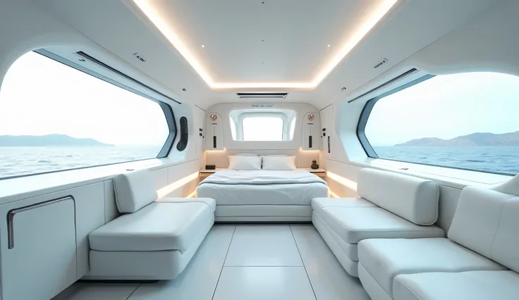 A interior bedroom view photo of a modified 2025 Lamborghini motorhome camper truck) white interior view 4k