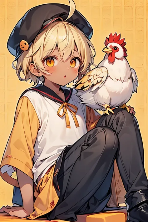 ((A boy:1.3)),((handsome:1.3)),((blonde hair:1.25)),((short hair:1.25)),((orange eyes)),((ahoge:1.25)),(front view:1.0),((Chicken cap:1.1)),((chicken costume:1.15)),((chicken living doll:1.1)),((short breeches:1.1)),(tilt one's head:1.0),//,((yellow ribbon...