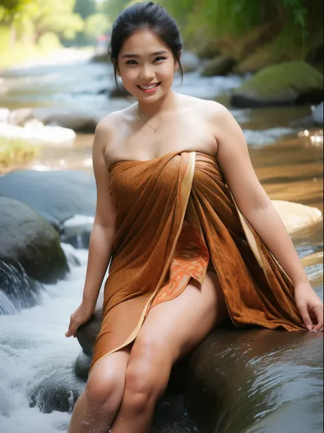 1girl, (sarong_dress), (batik), sunlight, sitting, nature, outdoors, river, detailed face, detailed eyes, huge breasts, shiny skin, looking at the audience, (laughing cute: 1.2), (happy), (8k, RAW photo, best quality, masterpiece: 1.2), (realistic, realist...