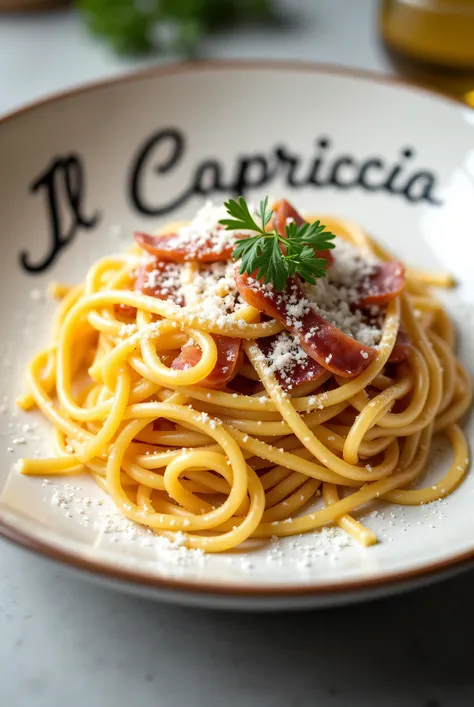 Carbonara plate with Il Capriccio writing 