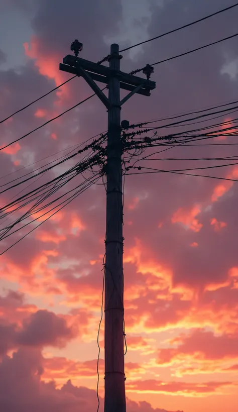 A rustic wooden utility pole with multiple tangled power lines stretching across the sky. The scene is set during a dramatic sunset with a sky filled with rich hues of deep purple, orange, pink, and blue. Wispy, scattered clouds create a dreamy and cinemat...