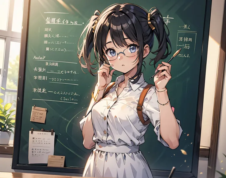 Explanation of the new NISA 、 girl teacher 、Glasses、 blackboard 、 stick on the blackboard、 I'm sticking the blackboard with the new NISA letter 