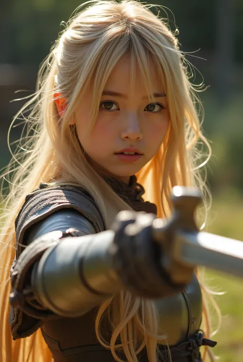  blonde realistic woman .  her sweaty, well-trained body was shining.  knight with no armor practicing sword 、Baby-faced high school model 、16-year-old Saito Asuka 、