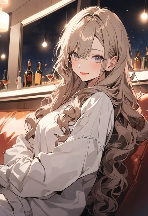 Alone， long hair， light brown hair，woman，Gray colored eyes，smile, night view， lounge， White Trainers ， black ribbon， handsome， pink lips，adult， loose wavy hair， Long Sleeve，Alcohol