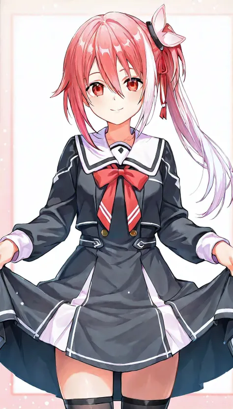 Yuuki_Yuna, 1girl, solo, smile,hair ornament,red eyes, thighhighs, long sleeves,school uniform,dress,bow,red ribbon, hair between eyes,White hair ribbon,red hair, black thighhighs, clothes lift, side ponytail,smile,((upper body)),