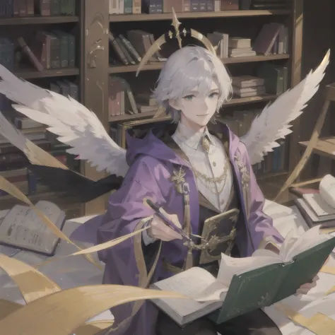 A smiling white winged male angel holding a book in one hand and a pen in the other、 wearing a purple robe with green and gold decorations 、The background is a lot of bookshelves
