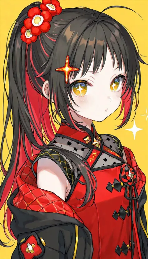 beni, solo, 1girl, yellow_pupils, +_+, black_hair, high_ponytail, red_flower_hair_ornament