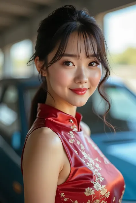 ( masterpiece, top quality, Ultra A High Resolution ), Japanese woman, ((( very beautiful 25 year old woman))),  Pretty Girl、 Look at the cameraman ､ ((  beautiful low ponytail  )),  super cute face  ,  glossy lips,  both eyes double eyelids, natural smile...