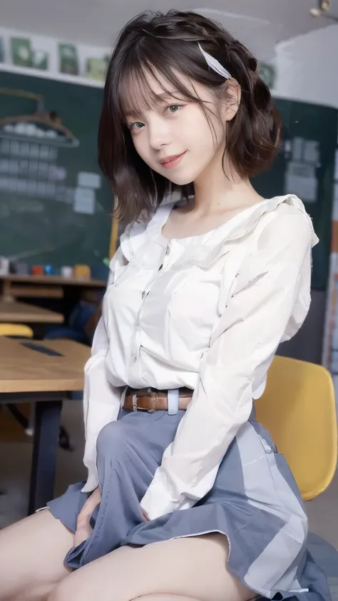 Raped by a man、 white skin, Slender  girl 、classroom、  Background Blur 、 Super Quality 、sunlight、 wet blouse and ruffle skirt 、 white skinの美少女、Messy bob hair、 Tiny Breasts 、 Tiny Breasts の谷間、 beautiful collarbone 、 sleepy expression waking up、Clear contour...