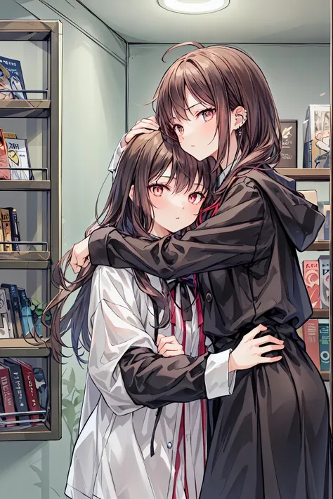  couple，1 person，Piercing blue eyes， sharp pupils，Brown spiky hair，He wears a black robe and  pajamass， pajamas，An intimate hug with my red-eyed wife（（The face of an 18 year old）），Hands２Books，Fingers５Books