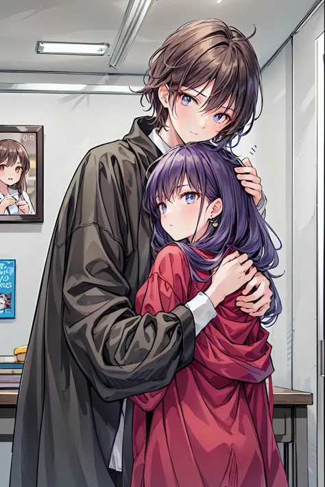  couple，1 person，Piercing blue eyes， sharp pupils，Brown spiky hair，He wears a black robe and  pajamass， pajamas，An intimate hug with my red-eyed wife（（The face of an 18 year old）），Hands２Books，Fingers５Books