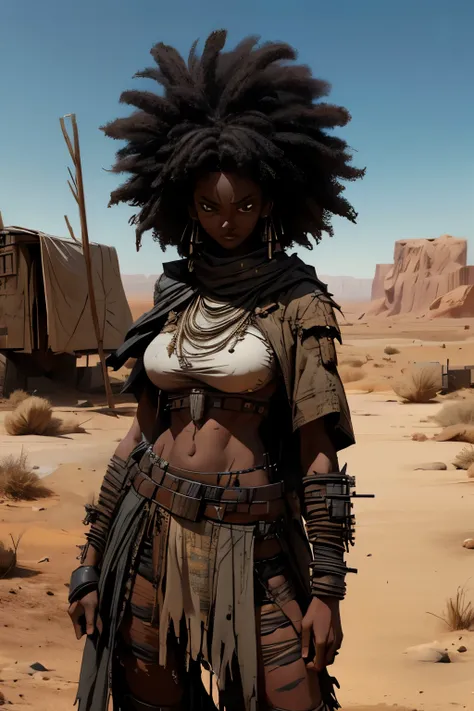 a black woman sfw, desert warrior, wearing dirty ragged torn apocalyptic clothes, afro hair, slim body, big eyes, sfw, high quality, symmetrical, 8k, masterpiece, intricate details, apocalyptic desert setting