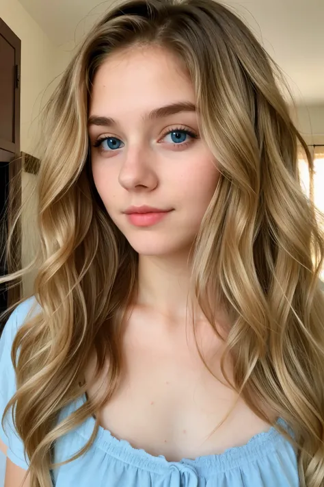 Skinny fourteen year old girl with long wavy blonde hair, and blue eyes,  using makeup