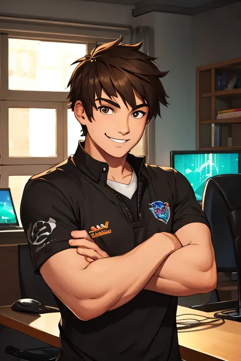 Young gamer boy with arms crossed smiling
