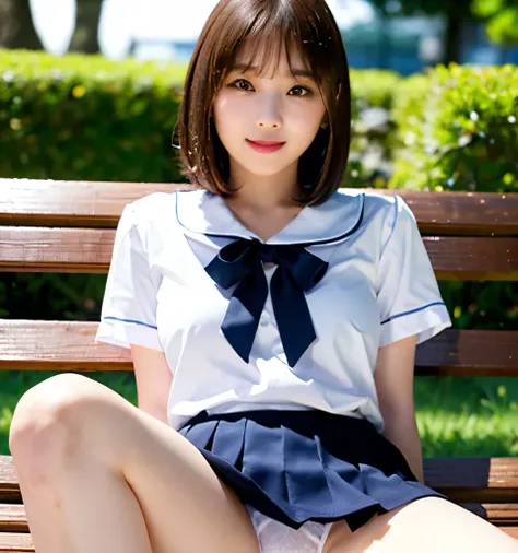  top quality、 masterpiece、  super high resolution 、 professional lighting、Clear photo、 by Nomi、( very cute girl、 beautiful girl、 cute Yuki Yoda)、thin、 Tiny Breasts 、 very short bob cut、smile、( female students in uniform 、Elegant uniform 、  navy blue pleate...