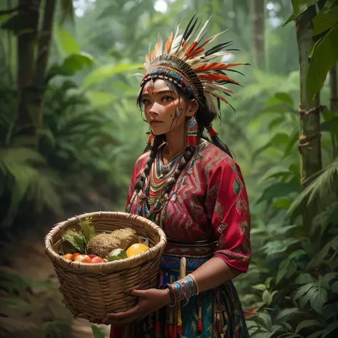 there is a woman in a native dress holding a basket of food, ayahuasca shaman, amazon indian peoples in brazil, by Dietmar Damerau, she is dressed in shaman clothes, wearing authentic attire, forest hunter lady, portrait shot, a young female shaman, in a j...