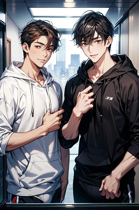  Two Japanese Men　 handsome　 short dark hair  　　short cropped 　　Two slim people 　　　　 inside the training room with full glass 　 It's a cold snowy day outside 　Outside is a snowy future urban skyscraper group 　　　 The two are wearing thick plain hoodies that...