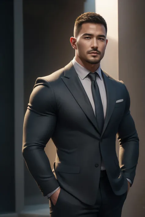 两个 Muscular男人深情拥抱着,  buzz cut，Flat head，On the site of a premium auto show， He wears an upscale and luxurious evening dress blazer，Pair it with a shirt and tie ，He has a sad expression， Lift your chin,  messy hair ,   thick thighs  , Very tight, Regular sy...