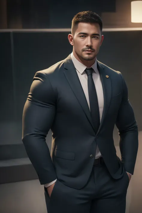 两个 Muscular男人深情拥抱着,  buzz cut，Flat head，On the site of a premium auto show， He wears an upscale and luxurious evening dress blazer，High-grade texture，Pair it with a shirt and tie ，He has a sad expression， Lift your chin, buzz cut,   thick thighs  , Very ti...