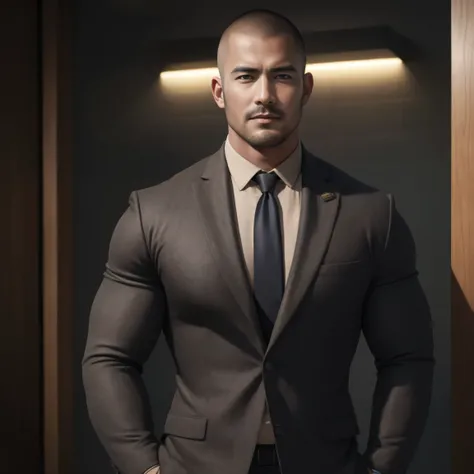 两个 Muscular男人深情拥抱着,  buzz cut，Flat head，At the entrance of an upscale coffee shop，He wears a dark grey upscale luxury evening dress blazer，The premium texture of burlap，Pair it with a shirt and tie ，He has a great smile， Lift your chin, buzz cut,   thick t...