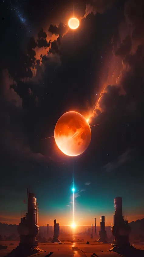 a view of a planet with a bright star in the sky, blood moon background, epic red - orange moonlight, magnificent background, nuclear blast moon eclipse, amazing wallpaper, 4k highly detailed digital art, 4 k hd illustrative wallpaper, surreal nuclear ecli...