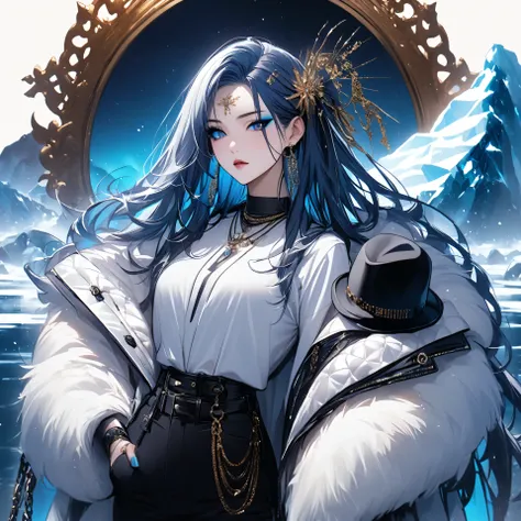 top quality、Ultra-precise depiction、 bright colors visible from the forehead、 beautiful girl 、One person、40 years old、 Height、 long foot、Oriental、 accurate facial depiction、Antarctica、iceberg、star、 auroras、 fur coat、 tuxedo、 shirt、 tie、 Bust Up、 Skin ra...