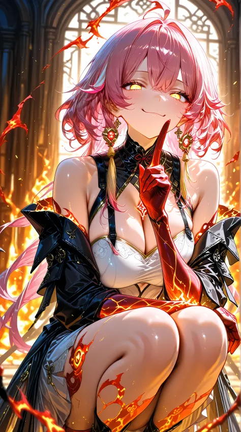 1girl, looking at viewer, smug, squatting, legs together, shushing,
BREAK changli \(wuthering waves\), pink hair, two-tone hair, flame arm, red arm, white dress, black coat, circular yellow eyes, colored extremities, large breasts, cleavage, bare shoulders...