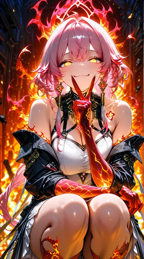 1girl, looking at viewer, smug, squatting, legs together, v over mouth,
BREAK changli \(wuthering waves\), pink hair, two-tone hair, flame arm, red arm, white dress, black coat, circular yellow eyes, colored extremities, large breasts, cleavage, bare shoul...