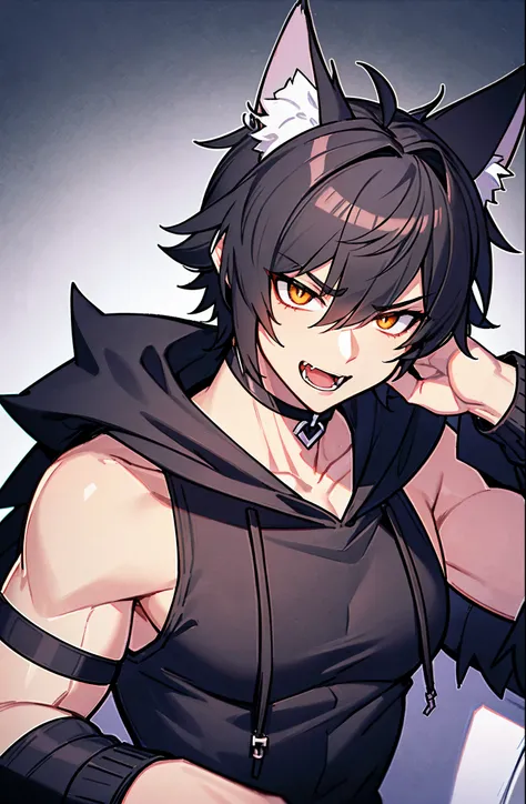 wolf boy, male, open mouth, wolf fangs, short hair, messy hair, black sleeveless Hoodie, sixpack, big muscles, seductive pose, upper body, close up, sitting on A couch, furious, black spikey collar