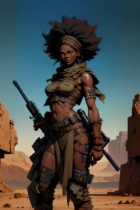 a black woman sfw, desert warrior, wearing dirty ragged torn apocalyptic clothes, afro hair, slim body, big eyes, sfw, gun in hand, high quality, symmetrical, 8k, masterpiece, intricate details, apocalyptic desert setting