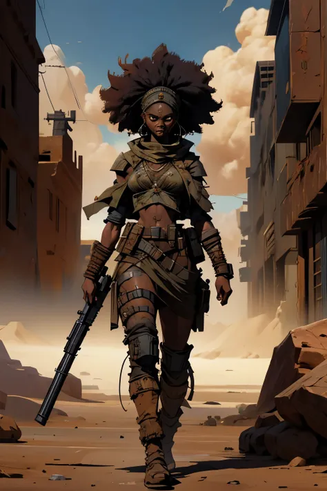 a black woman sfw, desert warrior, wearing dirty ragged torn apocalyptic clothes, afro hair, slim body, big eyes, sfw, gun in hand, high quality, symmetrical, 8k, masterpiece, intricate details, apocalyptic desert setting