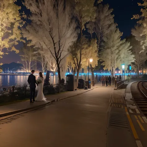 night， The waterside trees will be illuminated ,  Night view over mountains , 火车station,火车station,火车station,火车station,火车station,火车station, The scene is a waterfront road ， The scene is a waterfront road ，at night录像, at night,  with glowing lights at night,...