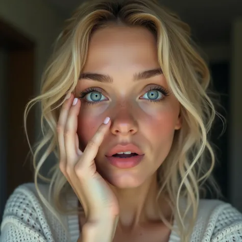 adult blond blue eyes girl wih suprice face. cover face with hand. suprice face