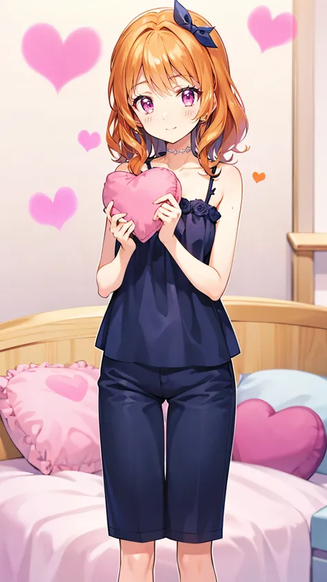  Masterpiece,  top quality,  super detailed,  in detail,  high res,   8k Wallpaper,  the background is white ，1 person， Girl in pajamas in her room ， having fun with a big smile ， wet orange hair， pink eye，２０Woman in her 20s， pillow with a heart pattern on...