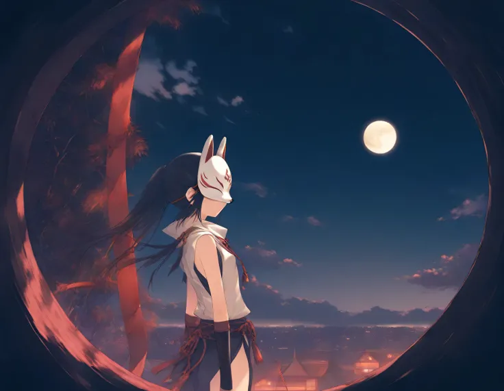 1girl, ninja, beautiful detailed eyes, small breasts, fox mask, mask on head,night, moon, cloud,  rooftop, wind,girl focus,game CG, break,(artist:mitsumi_misato),artist:fujiyama,artist:kokonoka,  break,(masterpiece), (best quality), (ultra-detailed),(Detai...