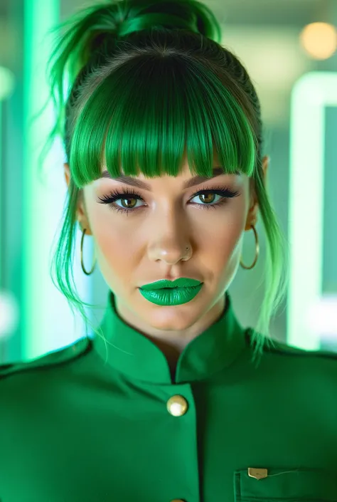 
stewardess in uniform. green hair tied in a bun. very long eyelashes. green lipstick big blue eyes.bright studio light
