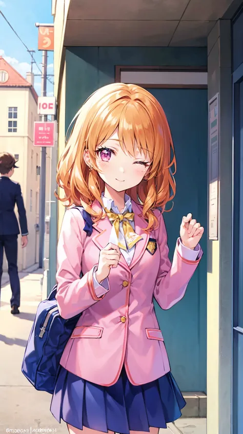   ultra-fine illustration  、{{}}、{ cute girl}、cowboy shot, (:1.5)、 beautiful hair、{ Orange Hair}、{  medium hair }、 { pink eyes}、 beautiful eyes、 one eye closed、{ school uniform}, { blazer}、  light smile , flushed cheeks、 Open Your Mouth、Cherry colored sky、...