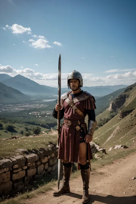 Roman soldier standing, holding a sword high on a mountain, beautiful landscape of a saw.