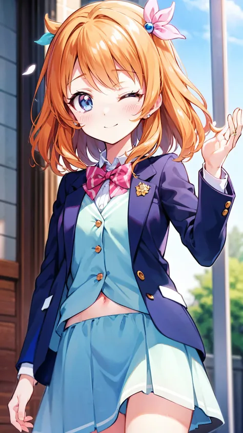   ultra-fine illustration  、{{}}、{ cute girl}、cowboy shot, (:1.5)、 beautiful hair、{ Orange Hair}、{  medium hair }、 { pink eye}、 beautiful eyes、 one eye closed、{ school uniform}, { blazer}、  light smile , flushed cheeks、 Open Your Mouth、Cherry colored sky、{...