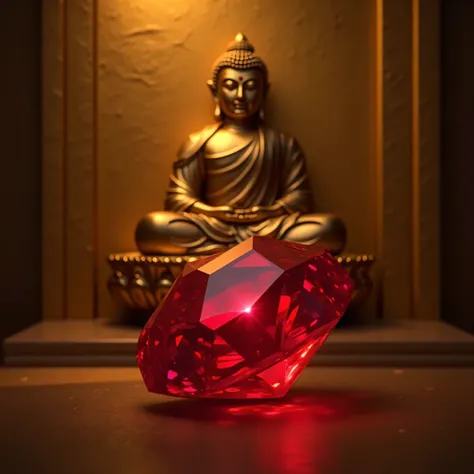 A red ruby with a golden Buddha behind the ruby