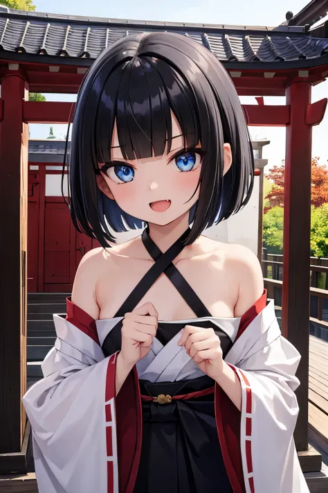 best quality，high resolution，  1girl  ， blue eyes，short hair，Black hair，blunt bangs，flat chest，Black cloth，opened mouth，Smug mouth with fang，shrine，Smile，shrine maiden clothes