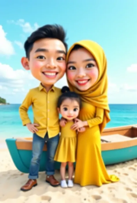 Realistic 4D caricature photo, big head, korean faced couple with 2 daughter ,young handsome man,30 years old,clean face, oval face, wearing a yellow Muslim  shirt,,rubber slop sandals,middle-aged woman, 30 years old, wearing a hijab,  wearing a yellow mid...