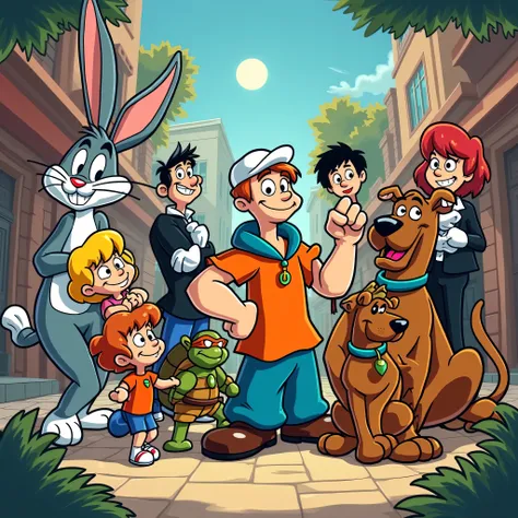 "A vibrant, nostalgic scene featuring iconic cartoon characters from classic animated shows. The scene includes Bugs Bunny from Looney Tunes, Tom and Jerry from Tom and Jerry, Popeye the Sailor Man from Popeye, Tsubasa from Captain Tsubasa, Scooby-Doo and ...