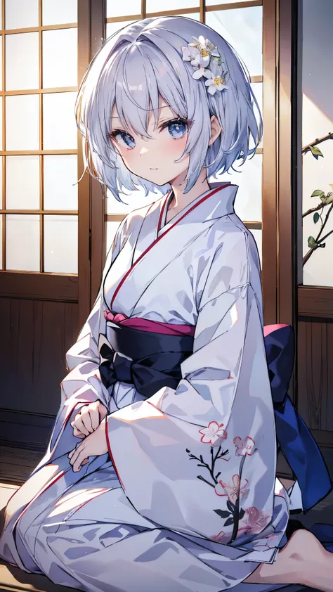 top quality、、(Whitening skin)、 Silver Hair、 very short hair 、 light blue eyes、Petite、 Slender、( kimono、Hakama, kimono、Floral,)、Small breasts、Japanese-style room,赤い頬