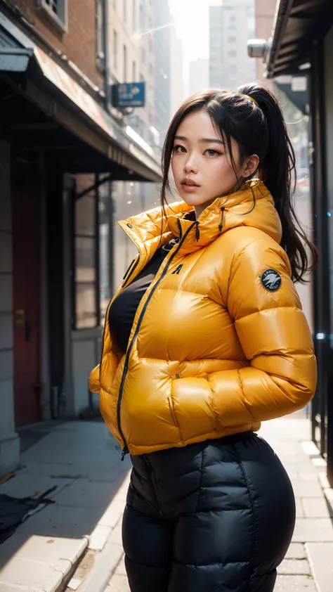 Stunning wallpaper of an sweet, hot, curvy body, ponytail, Asian woman. Photoshoot , it is a hot summer day. she wear an shiny, completely enclosureable, (( oversized puffer down jacket and pants, by parkasite:1.3), ((very high yoked)). tempting, high deta...